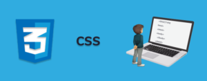 CSS lettering on a blue background and an open laptop