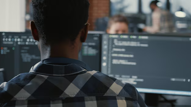 Man working at a computer, rear view