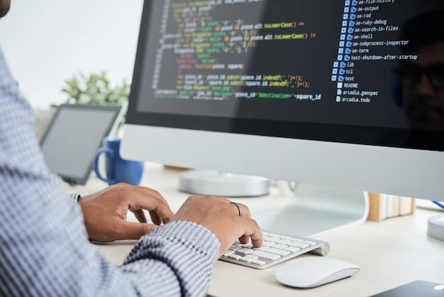 A man is working on a computer and writing code