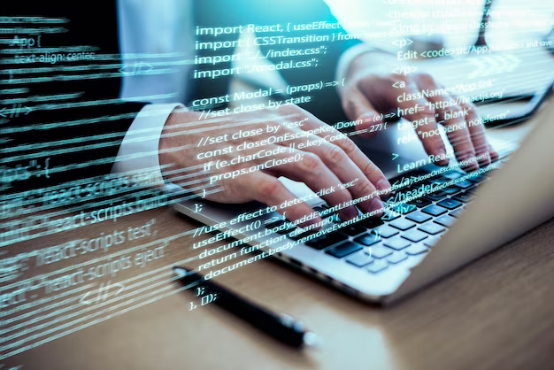 A man works at a laptop, program code is in the foreground