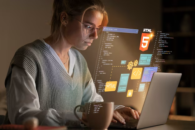 Woman working on laptop, CSS elements in foreground