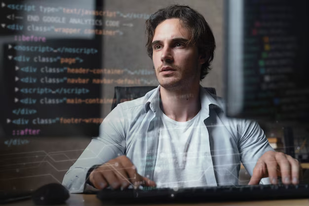 Man working on a computer, program code in the foreground