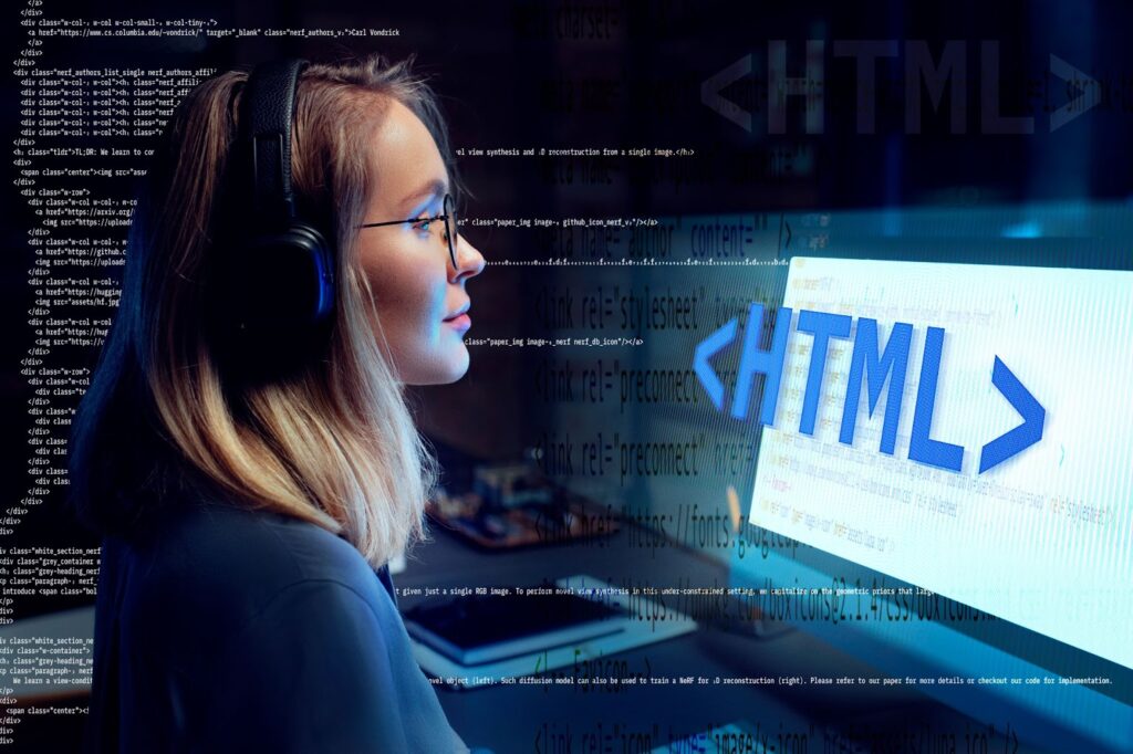 Composition with woman and html system for websites